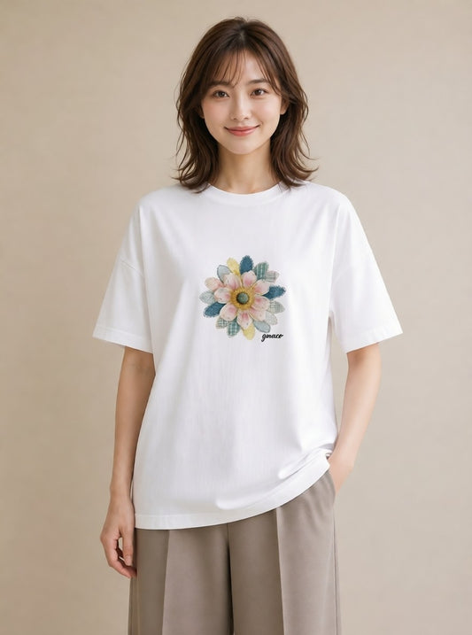 半袖Tシャツ レディース マーガレット 花 花柄 イラスト 韓国風 社会人 女性 白T
