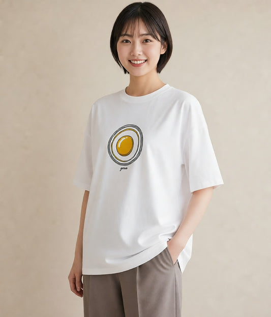 半袖Tシャツ レディース 目玉焼き 食べ物 フード イラスト ゆるコーデ 週末コーデ 敬老の日 白T
