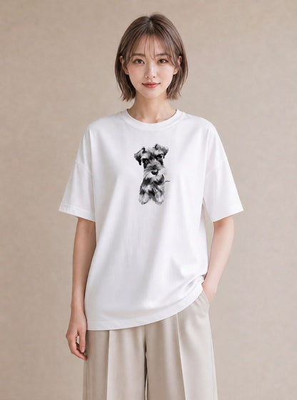 デザインTシャツ レディース ミニチュアシュナウザー 犬 いぬ イラスト カジュアル 社会人 女性 白T