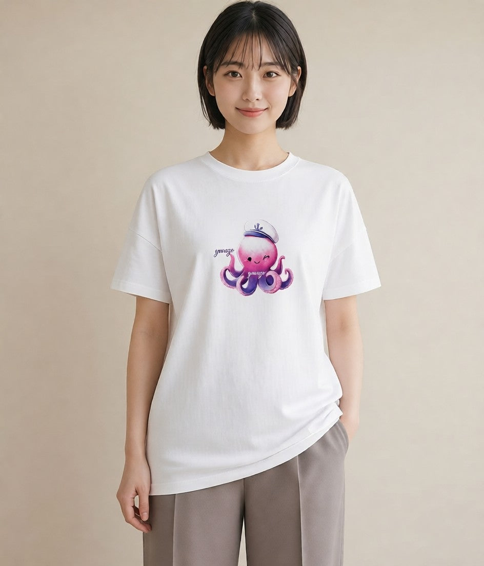 デザインTシャツ レディース タコ 海の生き物 海 イラスト カフェコーデ 休日 ペアコーデ 白T