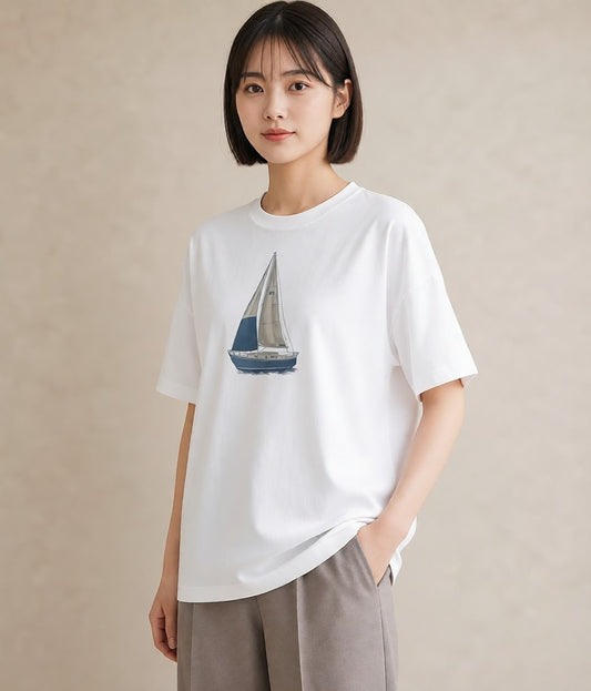 半袖Tシャツ レディース 紙の船 水辺 ナチュラル アンティーク イラスト フェミニン おしゃれギフト 社会人 白T