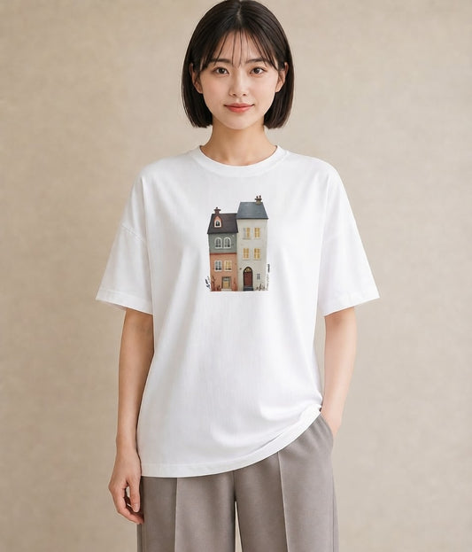 デザインTシャツ レディース 夕暮れ バルコニー 夕焼け ナチュラル アンティーク イラスト ゆるコーデ 旅行 母娘コーデ 白T