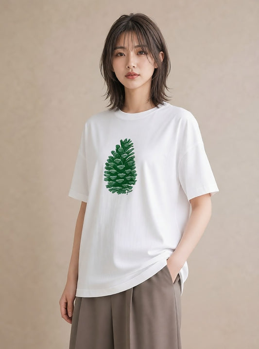 半袖Tシャツ レディース 松ぼっくり 植物 ボタニカル イラスト 抜け感 親子 20代 白T