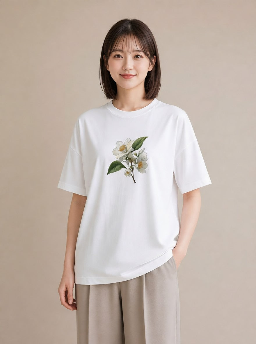 グラフィックTシャツ レディース 金木犀 花 花柄 イラスト 可愛い カジュアルコーデ 買い物 白T