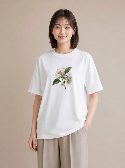 グラフィックTシャツ レディース 金木犀 花 花柄 イラスト 可愛い カジュアルコーデ 買い物 白T