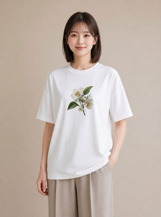 グラフィックTシャツ レディース 金木犀 花 花柄 イラスト 可愛い カジュアルコーデ 買い物 白T
