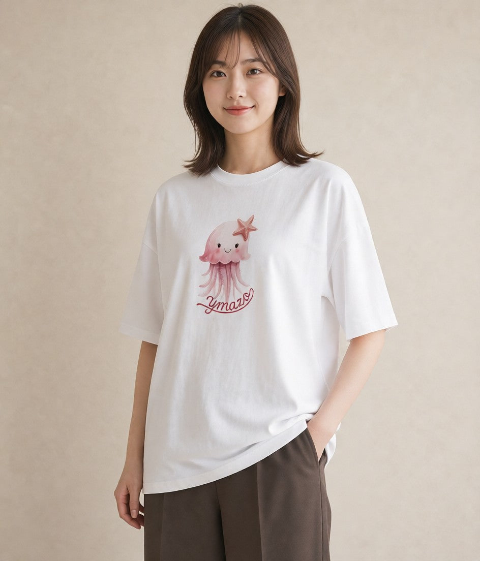 デザインTシャツ レディース イカ 海の生き物 海 イラスト ミニマル 旅行 母娘コーデ 白T