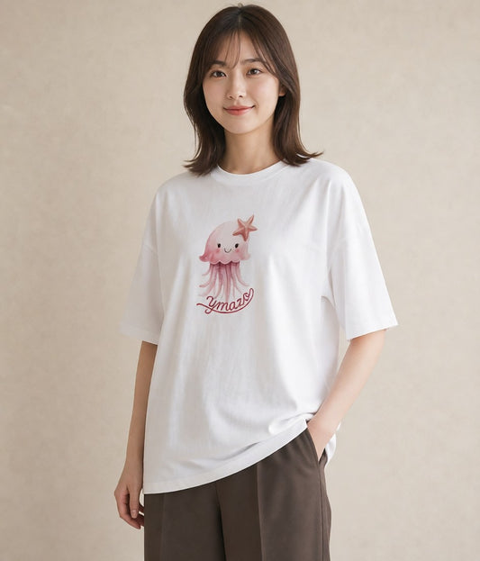 デザインTシャツ レディース イカ 海の生き物 海 イラスト ミニマル 旅行 母娘コーデ 白T