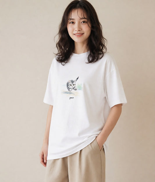 Tシャツ レディース マンチカン 猫 ねこ イラスト ヴィンテージ風 女性向けギフト 散歩 白T