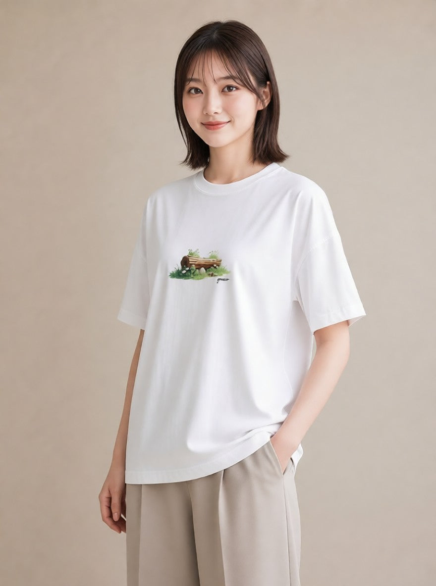 プリントTシャツ レディース 小川 橋 せせらぎ ナチュラル アンティーク イラスト ポップ 通学 誕生日プレゼント 白T