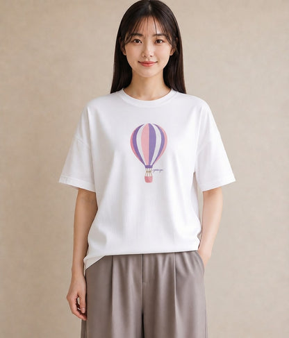 半袖Tシャツ レディース 紙風船 和紙 ナチュラル アンティーク イラスト カジュアル ラフ レイヤード 白T