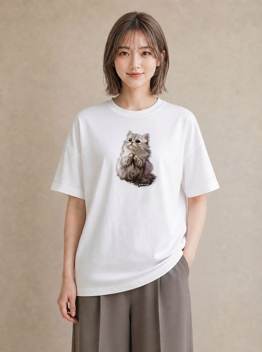 半袖Tシャツ レディース ソマリ 猫 ねこ イラスト 上品 デイリーウェア 休日 白T