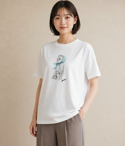 デザインTシャツ レディース スコティッシュフォールド 猫 ねこ イラスト 抜け感 社会人 女性 白T