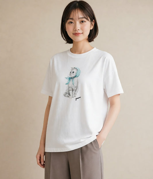 デザインTシャツ レディース スコティッシュフォールド 猫 ねこ イラスト 抜け感 社会人 女性 白T