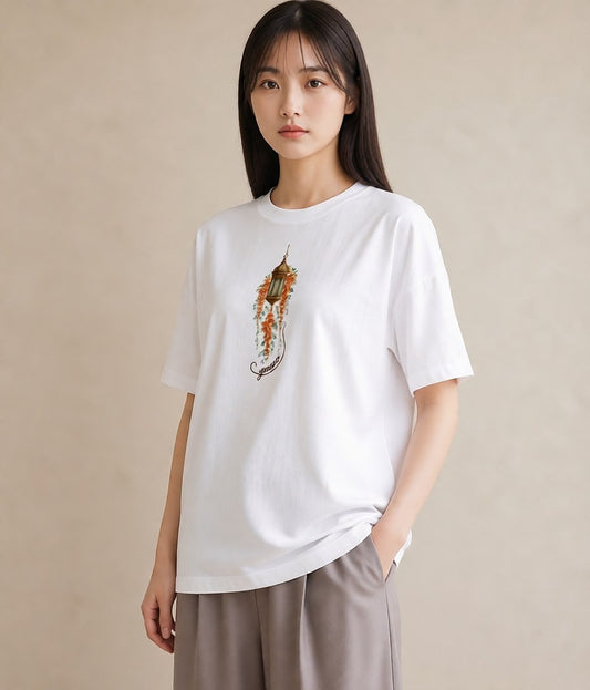 プリントTシャツ レディース 街灯 夜霧 夜 ナチュラル アンティーク イラスト ヴィンテージ風 親子 20代 白T