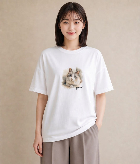 デザインTシャツ レディース サビ猫 猫 ねこ イラスト ボタニカル 休日 ペアコーデ 白T