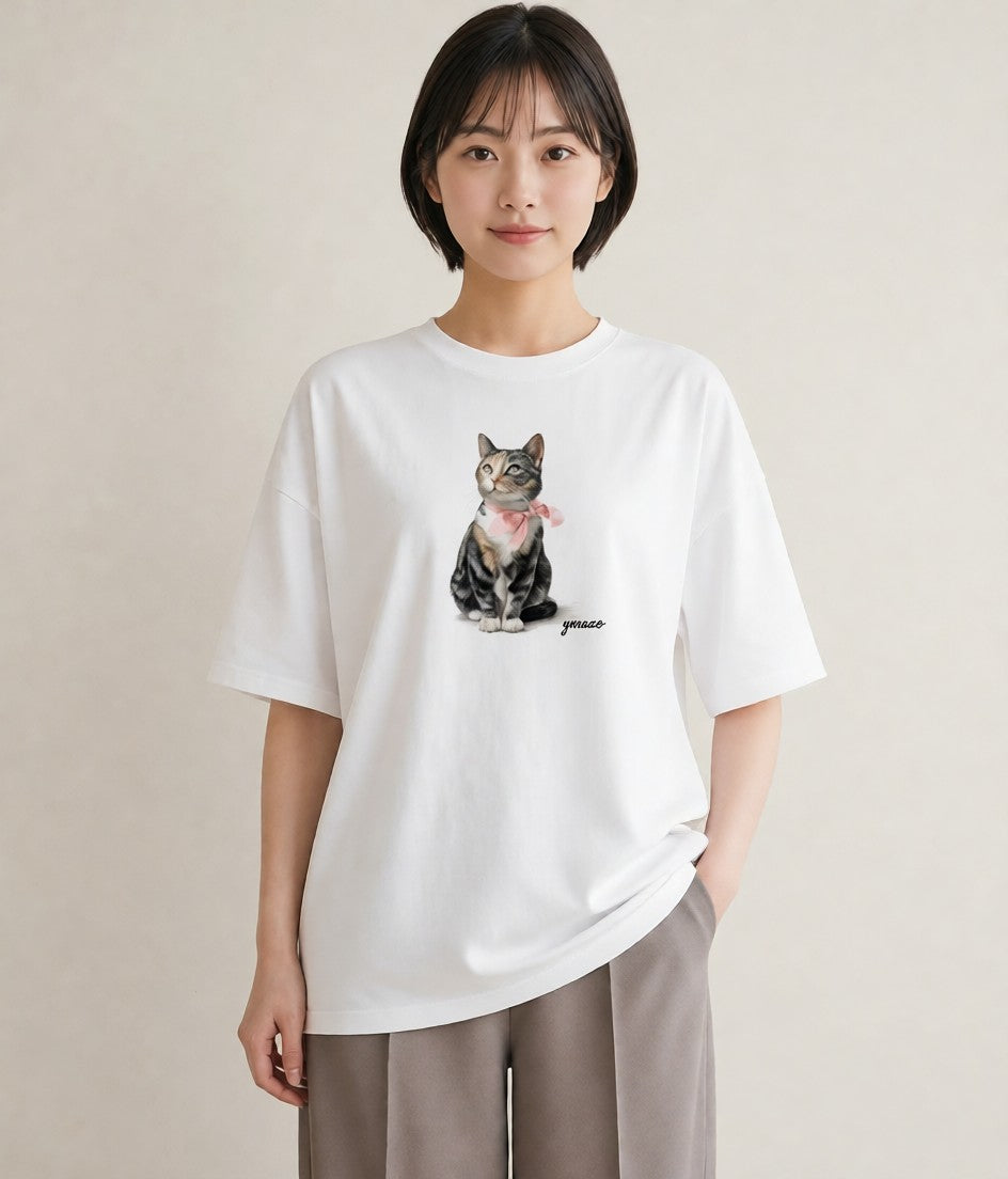 Tシャツ レディース ソマリ 猫 ねこ イラスト ラフ カジュアルコーデ 買い物 白T