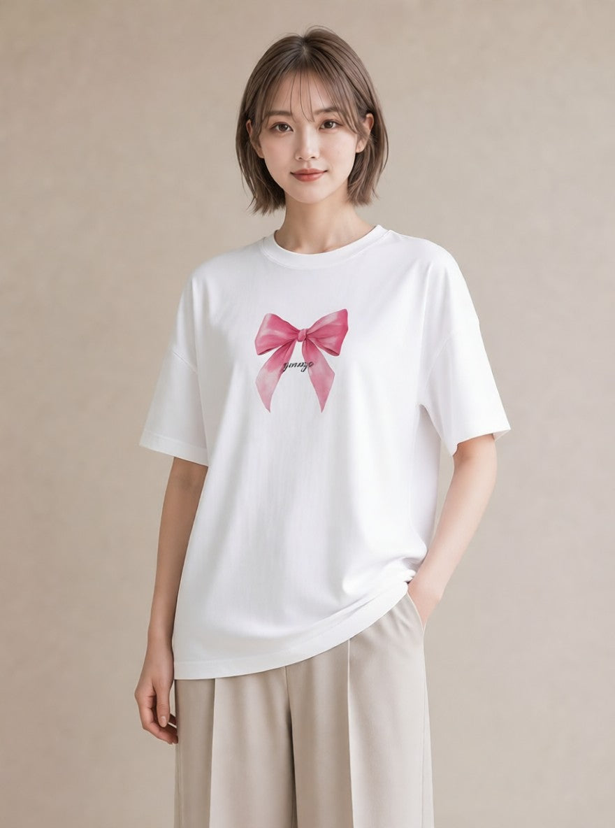 Tシャツ レディース リボン 蝶結び ナチュラル アンティーク イラスト ミニマル 春コーデ 姉妹 白T