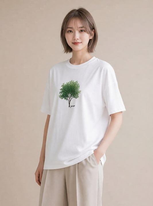 プリントTシャツ レディース 木 植物 ボタニカル イラスト シンプル 綿100 デート 白T
