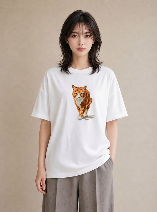デザインTシャツ レディース 茶トラ 茶猫 猫 ねこ イラスト カフェコーデ 社会人 女性 白T