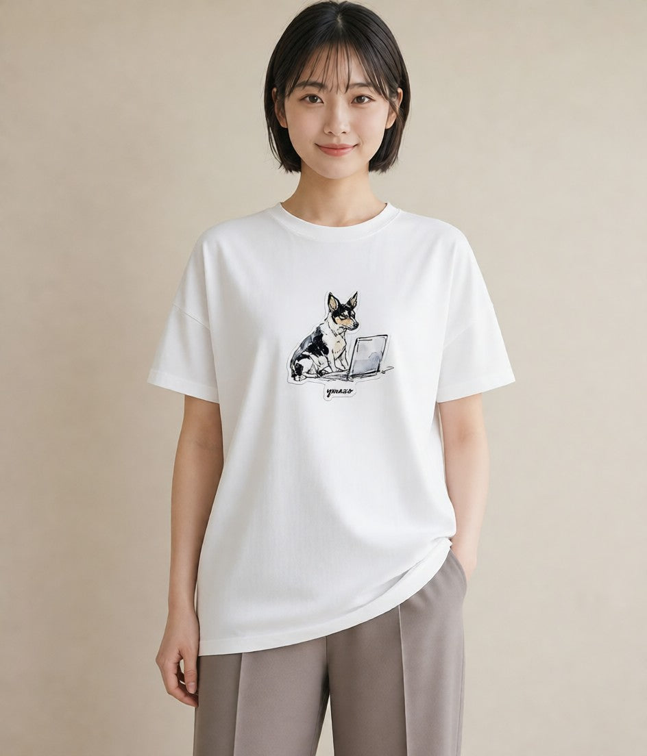 デザインTシャツ レディース 犬 いぬ イラスト カフェコーデ ビーチ デイリーウェア 白T