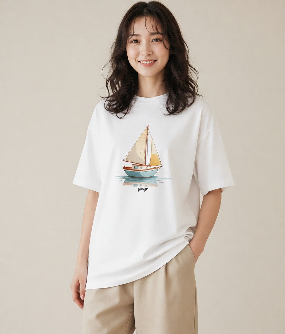 デザインTシャツ レディース 紙の船 水辺 ナチュラル アンティーク イラスト アート風 クリスマス 旅行 白T