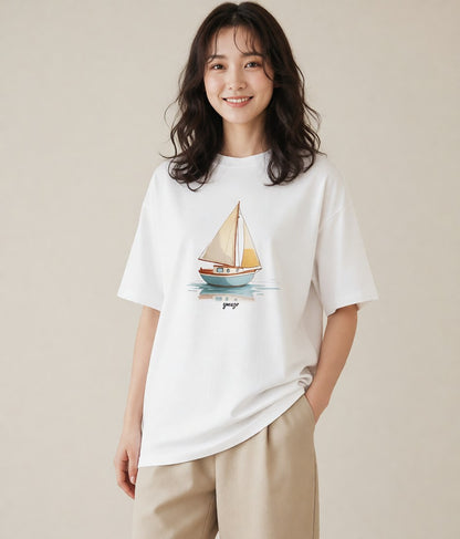 デザインTシャツ レディース 紙の船 水辺 ナチュラル アンティーク イラスト アート風 クリスマス 旅行 白T