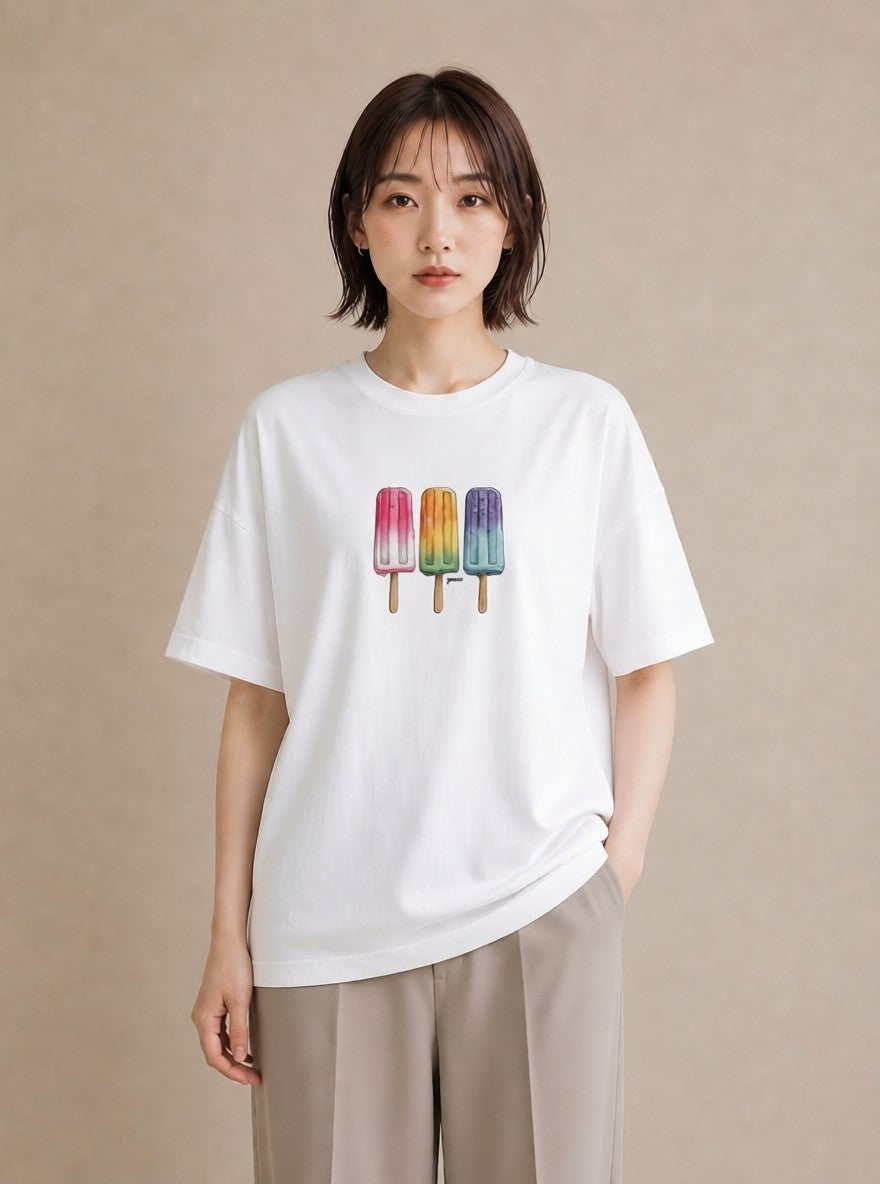 プリントTシャツ レディース マカロン 食べ物 フード イラスト アート風 カジュアルコーデ 買い物 白T