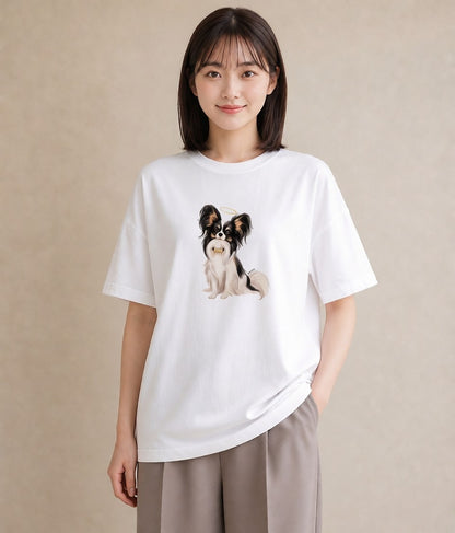 デザインTシャツ レディース パピヨン 犬 いぬ イラスト シック カフェ巡り 女子会 白T