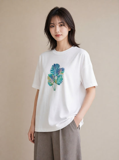 Tシャツ レディース モンステラ 植物 ボタニカル イラスト 韓国風 綿100 デート 白T