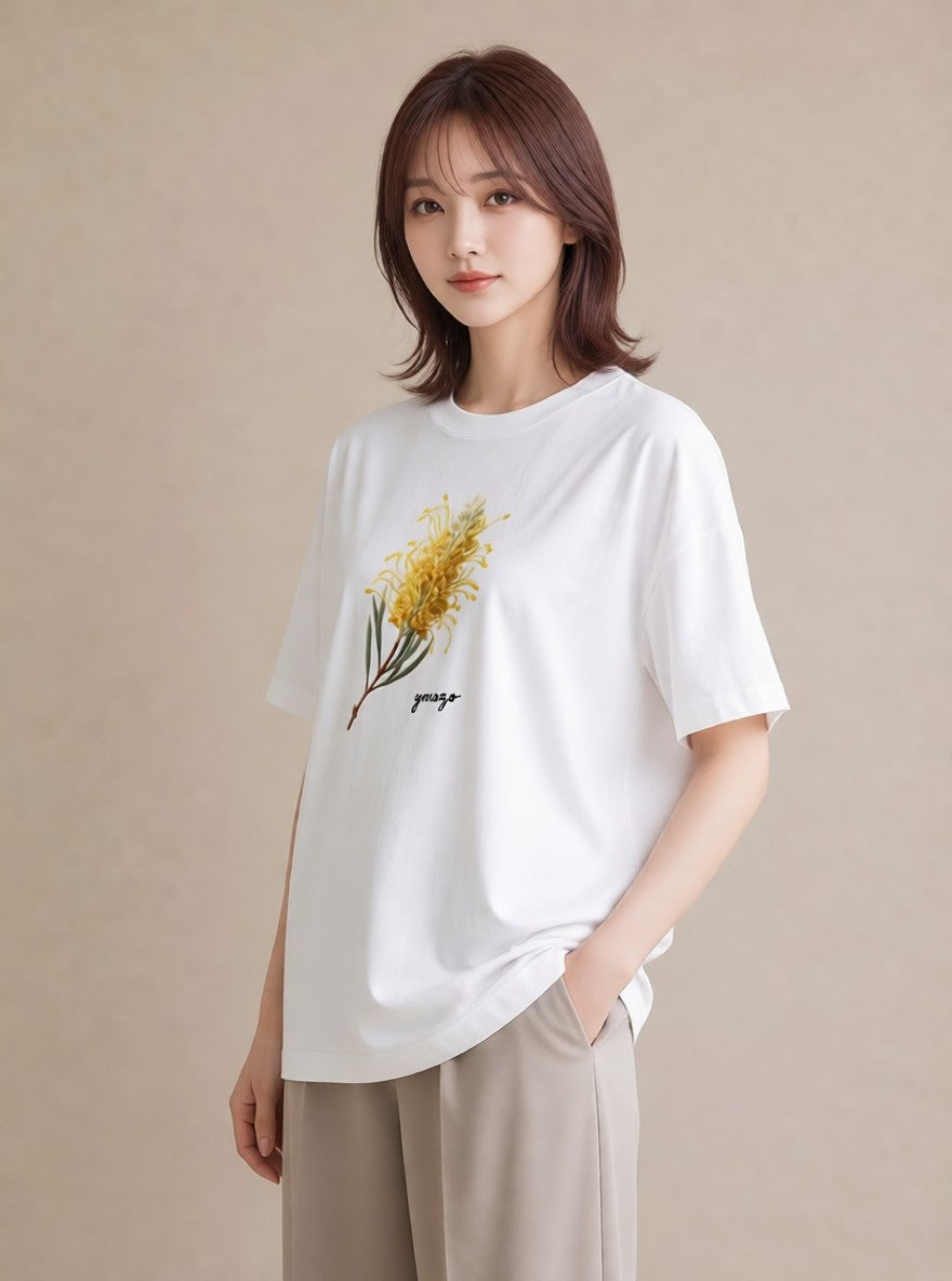 デザインTシャツ レディース ミモザ 花 花柄 イラスト デート 帰省 白T
