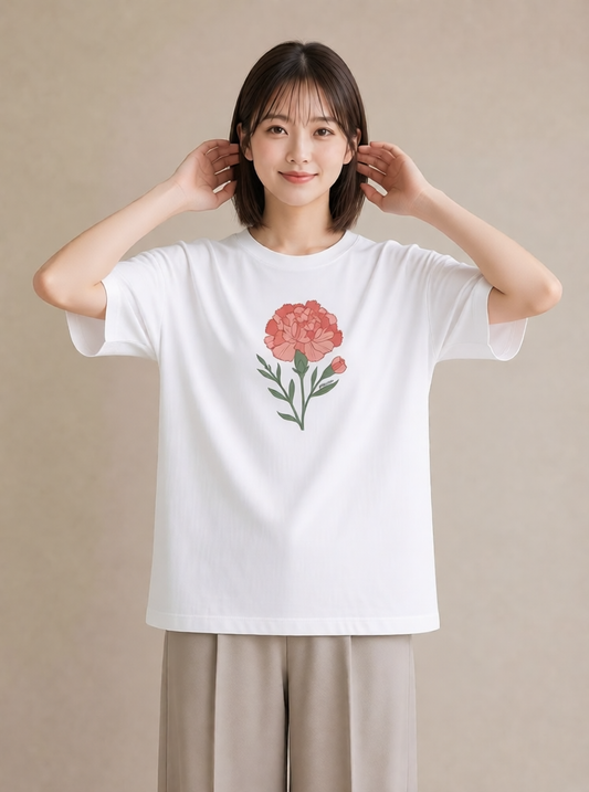 プリントTシャツ レディース カーネーション 花 花柄 イラスト 線画 通勤 在宅 白T