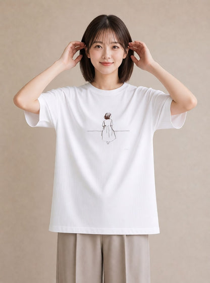 デザインTシャツ レディース 女の子 ガール 後ろ姿 イラスト 個性的 散歩 お出かけ 白T