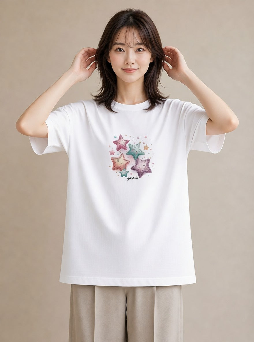 半袖Tシャツ レディース スター 星空 宇宙 イラスト ゆるかわ 女性向けギフト 散歩 白T