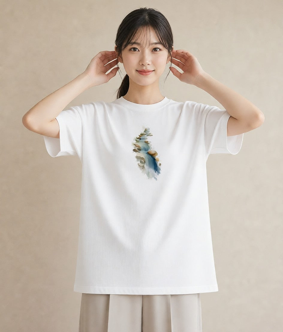 グラフィックTシャツ レディース 小川 橋 せせらぎ ナチュラル アンティーク イラスト アート風 在宅 公園 白T