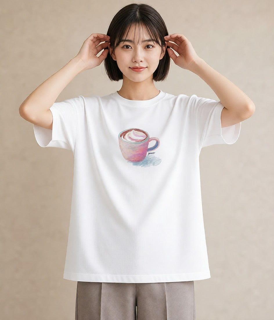 グラフィックTシャツ レディース カフェラテ 食べ物 フード イラスト 普段使い 普段着 週末コーデ 白T