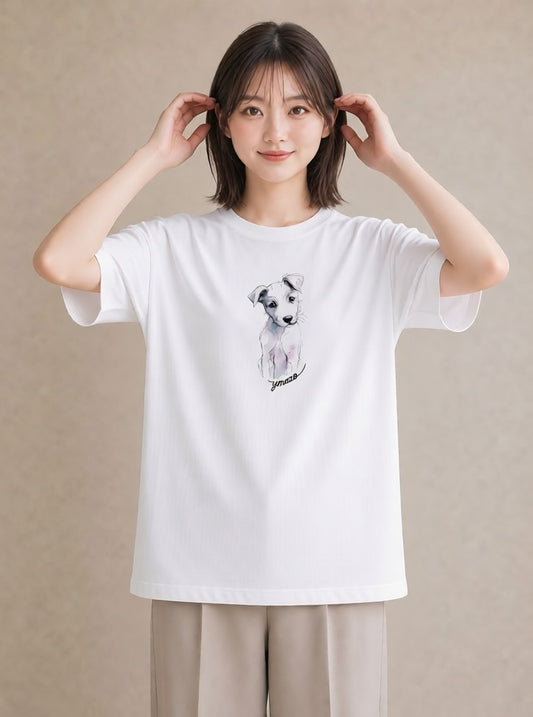 Tシャツ レディース いぬ 犬 ワンコ イラスト 韓国風 海 カフェ巡り 白T