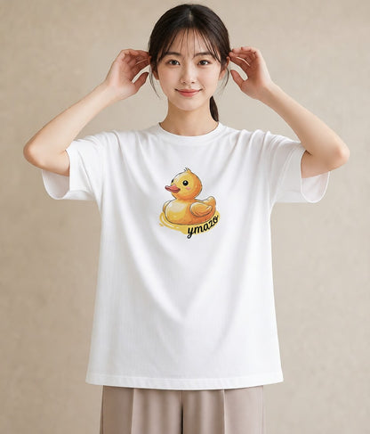 半袖Tシャツ レディース アヒル 動物 アニマル イラスト シンプル 通勤 在宅 白T