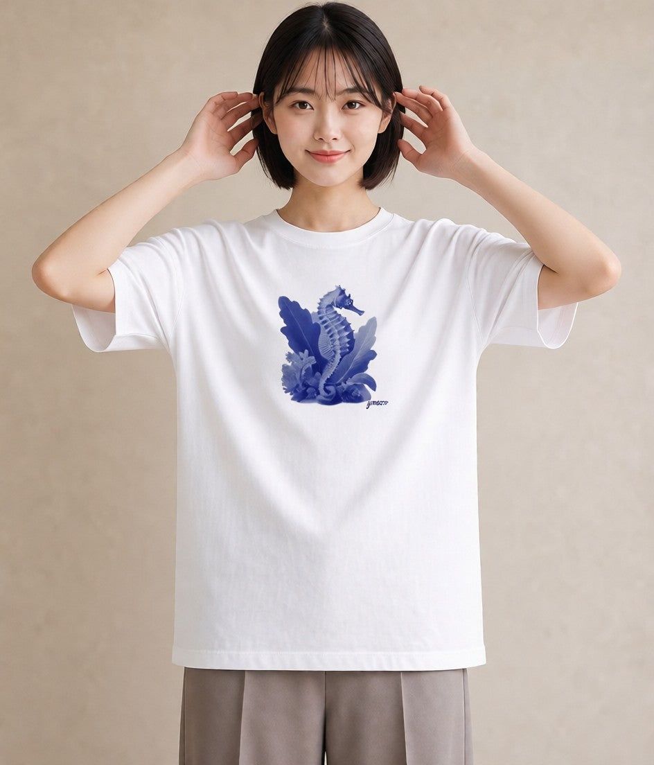 プリントTシャツ レディース タツノオトシゴ 海の生き物 海 イラスト お洒落 綿100 デート 白T