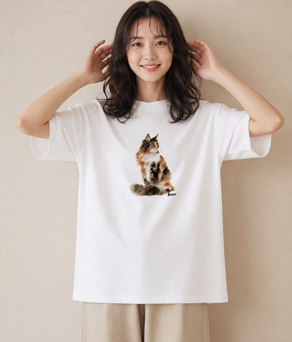 Tシャツ レディース おすわり猫 猫 ねこ イラスト カジュアル 公園 ママ 白T
