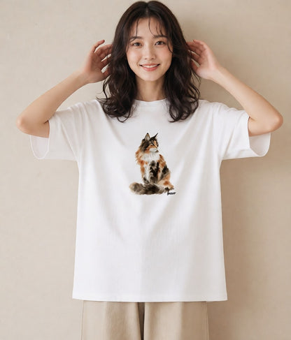 Tシャツ レディース おすわり猫 猫 ねこ イラスト カジュアル 公園 ママ 白T