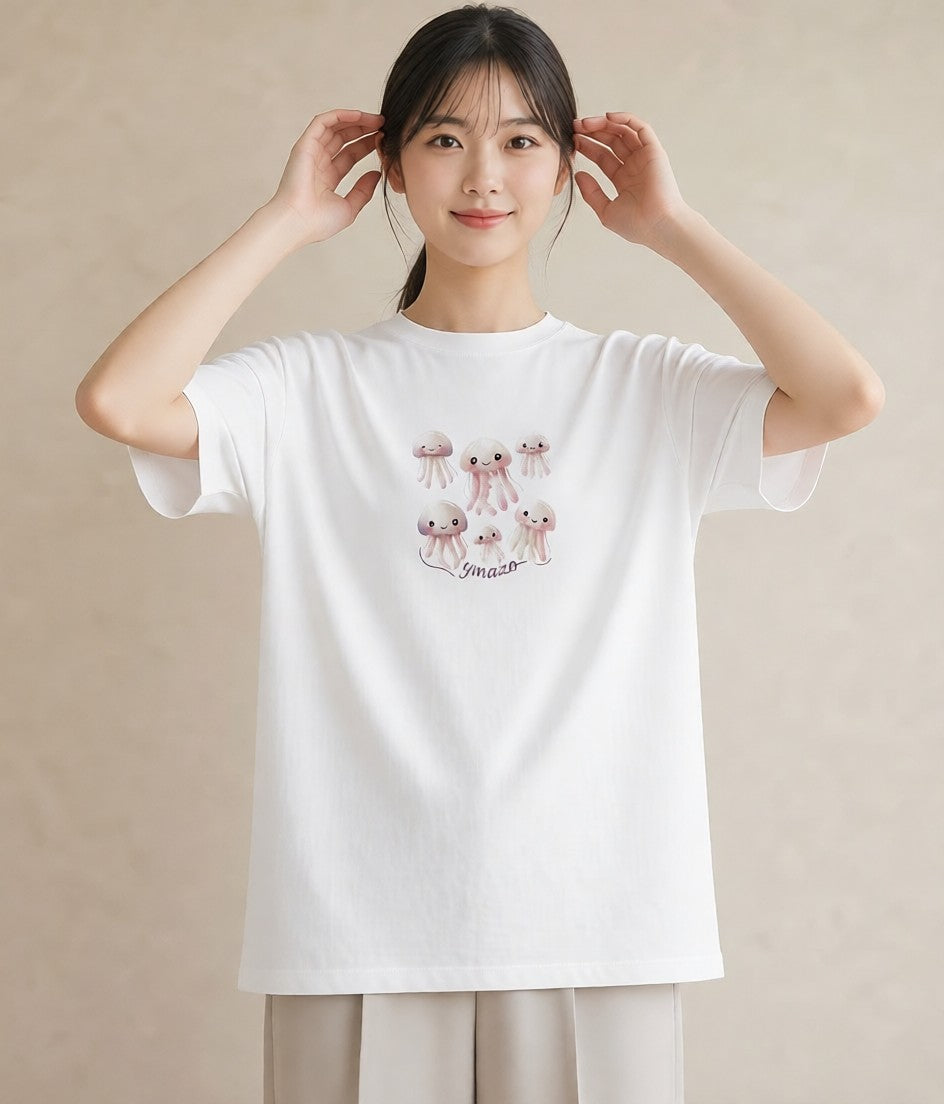 Tシャツ レディース くらげ クラゲ 海の生き物 海 イラスト きれいめカジュアル 公園 ママ 白T