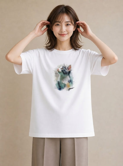 半袖Tシャツ レディース しっぽ 猫 ねこ イラスト ゆるコーデ 綿100 デート 白T