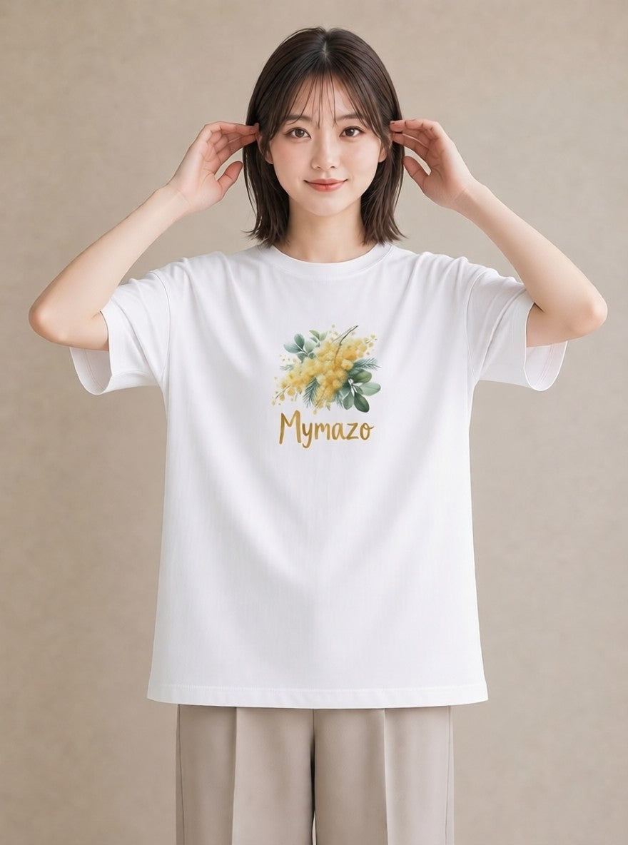 半袖Tシャツ レディース ミモザ 花 花柄 イラスト きれいめ 送別ギフト 通勤 白T