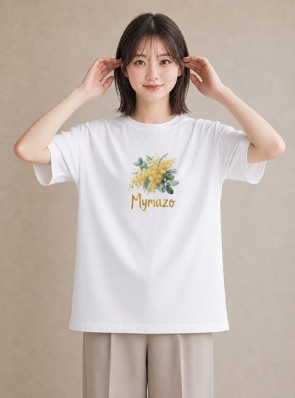 半袖Tシャツ レディース ミモザ 花 花柄 イラスト きれいめ 送別ギフト 通勤 白T