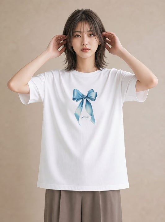 グラフィックTシャツ レディース リボン 蝶結び ナチュラル アンティーク イラスト ゆるかわ 女性 旅行用 白T