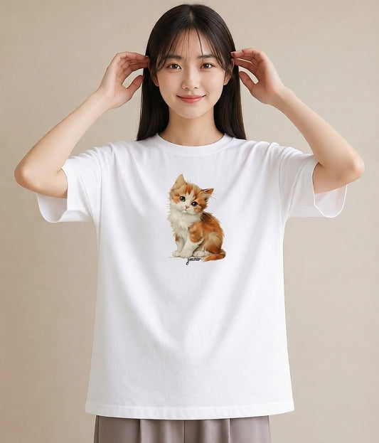 半袖Tシャツ レディース 茶トラ 茶猫 猫 ねこ イラスト モード 普段着 週末コーデ 白T