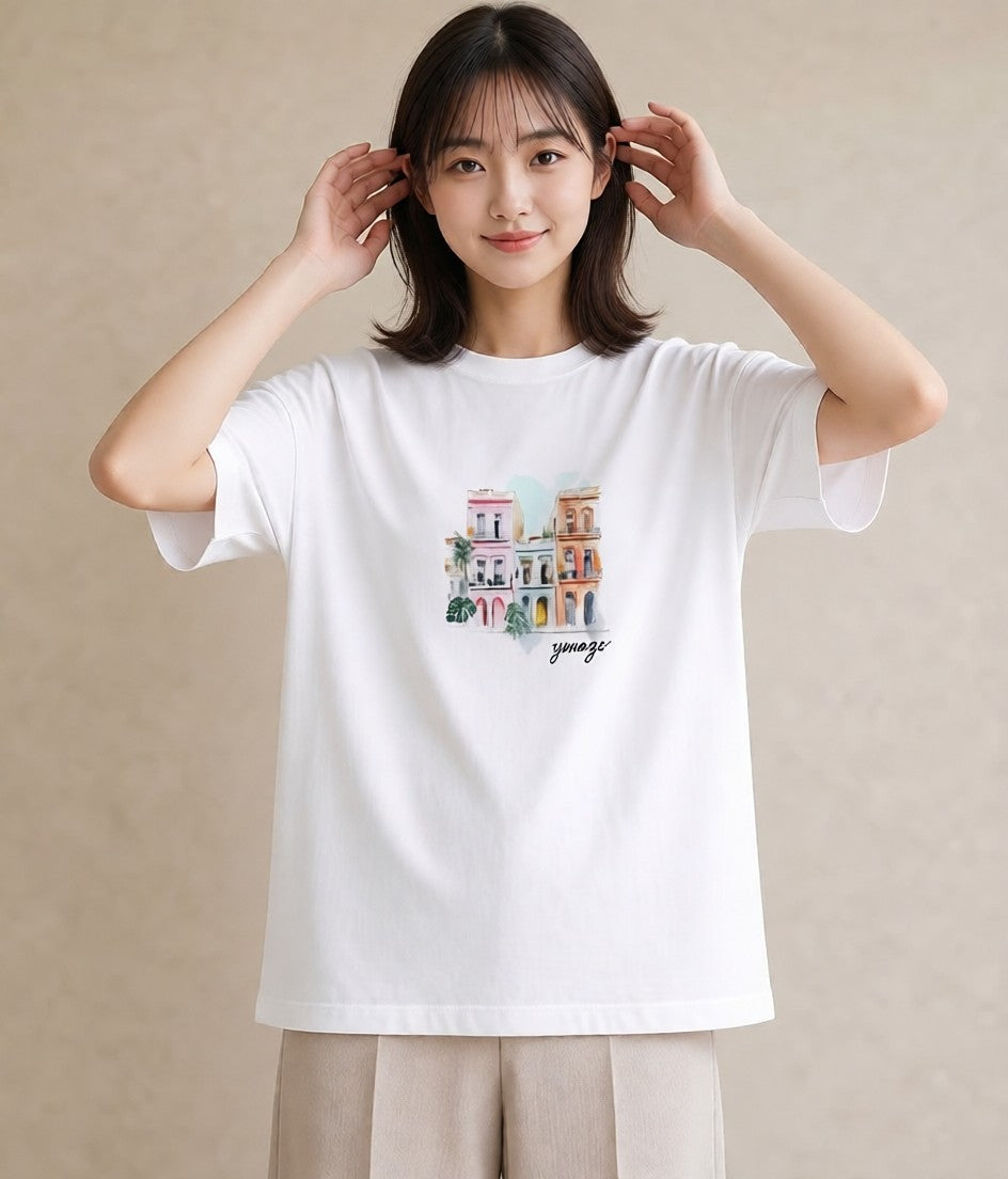 グラフィックTシャツ レディース 夕暮れ バルコニー 夕焼け ナチュラル アンティーク イラスト 上品 女子会 お揃い 白T