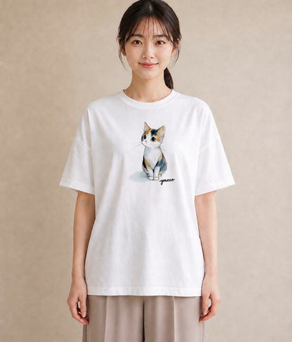 デザインTシャツ レディース ハチワレ 白黒猫 猫 ねこ イラスト カフェコーデ 女性 旅行用 白T