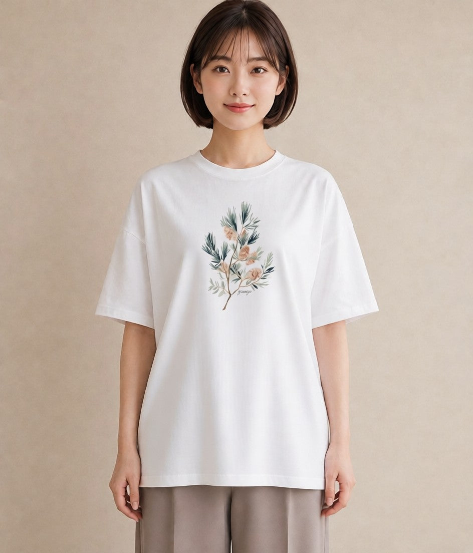 デザインTシャツ レディース 松ぼっくり 植物 ボタニカル イラスト 淡色 おしゃれギフト 社会人 白T